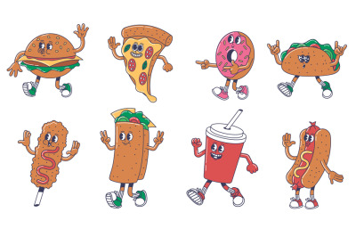 Cartoon street food mascots. Burger character, slice of pizza, doughnu