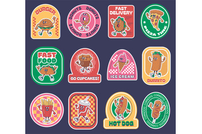 Fast food packaging stickers. Delivery badge template with 1930s carto