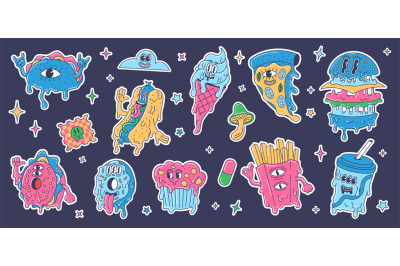 Trippy cartoon fast food stickers. Melted burger&2C; crazy psychedelic ju