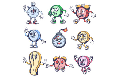 Cartoon time mascots. Stopwatch character, alarm clock going late, tim