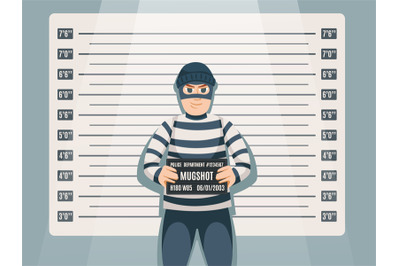 Criminal mugshot. Cartoon thief character in striped outfit, holding p