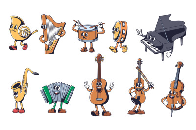 Cartoon musical instrument mascots. Playful music characters in 1930s