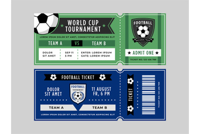 Soccer ticket. Football match entry pass with soccer ball emblem, spor