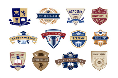 Education emblem. State college&2C; academy and university badges with bo