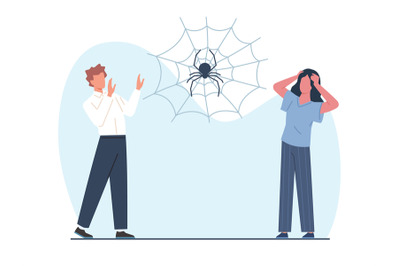 Concept of arachnophobia, man and woman scared of spider. Insect on sp