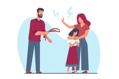 Concept of family violence, husband beats wife and child with belt. Mo