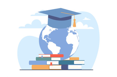 International study, student cap on globe. Study abroad and global edu