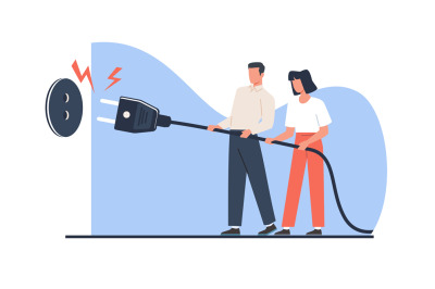 Concept of saving electricity, woman and man pulling electrical cord f
