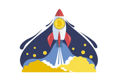 Cryptocurrency price rise concept, bitcoin gold coin rocket takes off.