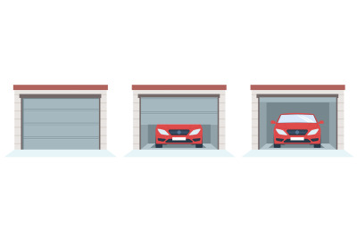 Garage door, with opening roller shutters. Closed and opened, car insi