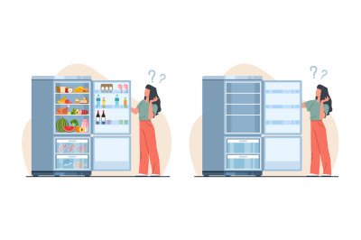Girl stands by refrigerator full and empty. Female character looking i