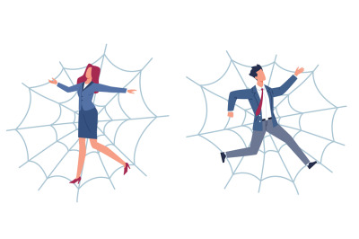 Man and woman tangled in web. Business people stuck in cobweb, Difficu