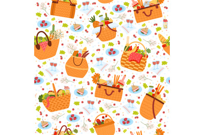 Seamless pattern with elements of outdoor recreation. Baskets with foo