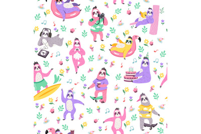 Seamless pattern with sloths. Cute lazy animals. Funny sloth. Childish