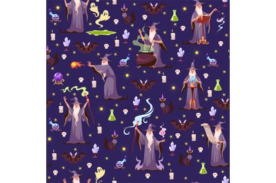 Seamless pattern with witches and magic. Wizard with potion or casts s