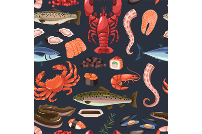 Cartoon sea food seamless pattern. Fresh restaurant delicacies, restau