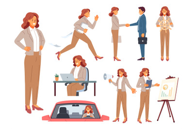 Business lady. Cartoon office woman character, various poses and actio