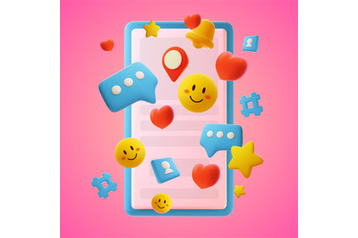 Social media 3d icons phone. Online communication symbols, cartoon rea