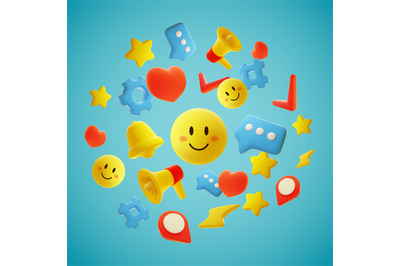 Social media 3d icons composition. Cartoon mobile app elements, emoji