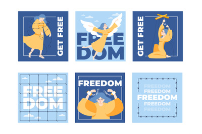 Cartoon style freedom inscriptions cards. Motivational typography post