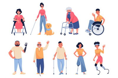 Disability characters. People with prosthesis and auxiliary elements,