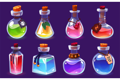 Potion bottles. Magic alchemist elixirs, different forms vials, variou