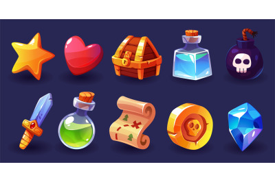 Cartoon game icons. Inventory items for gui of rpg, mobile app element