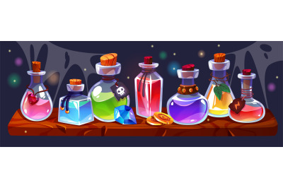 Potion bottles on wooden shelf. Alchemist or witch magic elixirs in di