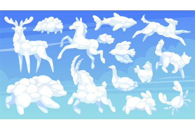 Animal shaped clouds. Cartoon fluffy sky white elements&2C; kids dreamlik