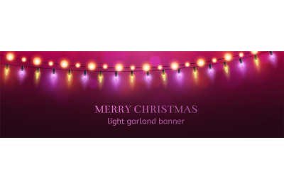 Christmas banner. Colorful light garlands. Xmas horizontal background.