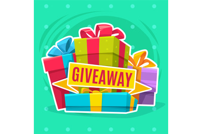 Giveaway winner poster. Different colorful gift boxes with bows&2C; prese