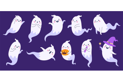 Halloween phantom. Cute ghost emoji funny death face, cartoon polterge