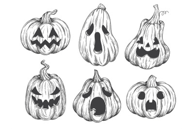 Pumpkin face sketch. Drawing halloween pumpkins scary or happy faces,