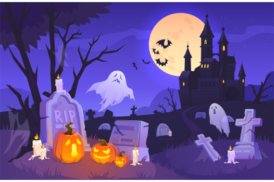 Halloween graveyard scene. Haunting nightmare hallowen background, car