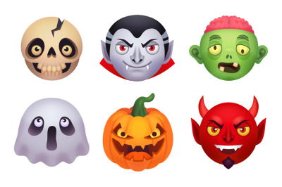 Halloween monsters emoji. Scary monster costume 3d face emojis, comic