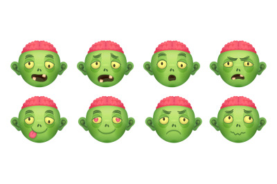 Zombie emoji. Cartoon zombies avatars, comic head with brain emoticon