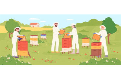 Apiary workers. Garden beekeeping, beekeeper care bee honey production