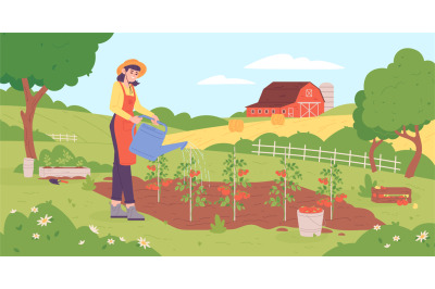 Woman watering tomato. Girl in hat growing vegetables in spring garden