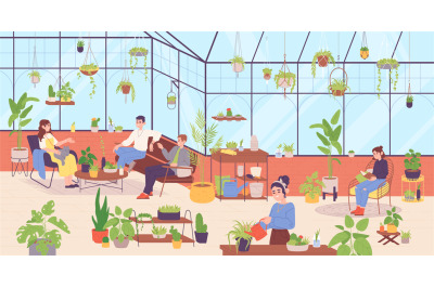 People at home greenhouse. Friends carefree time at hygge home garden,