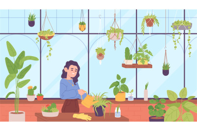 Lady at greenhouse. Cute woman watering plants at home garden, urban t