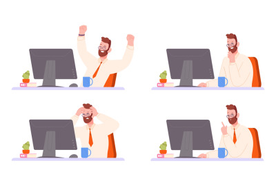 Different emotions businessman at desktop. Happy and sad employee work