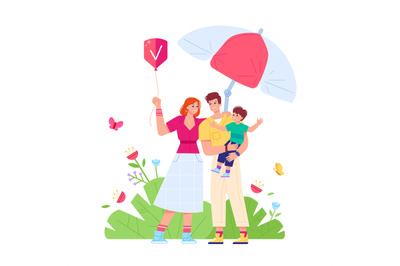 Family under umbrella. Safety feeling parents and children, private li