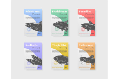 Fish package label. Fresh fishes packaging branding cards, natural foo