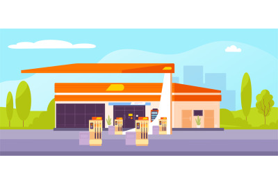 Petrol station building. City fuel stations on road background, cartoo