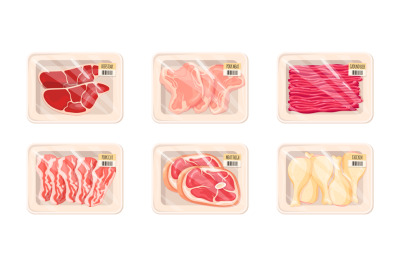 Raw meat packaging. Packaged ground beef, frozen pork fillet or chicke