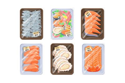 Seafood trays. Plastic packaging frozen river red fish or fresh sea fo