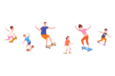 Young skaters on board. Female and man longboarder kids skater longboa