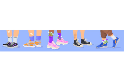 Cartoon feet in sneakers. Human legs wearing colorful sports sneaker w