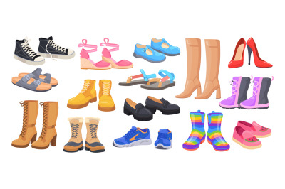 Cartoon different shoes. Casual boots fashion formal footwear for woma