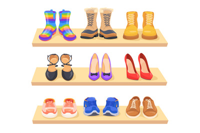 Shelf shoes. Shelves closet shoe rack, store showcase fashion dressing